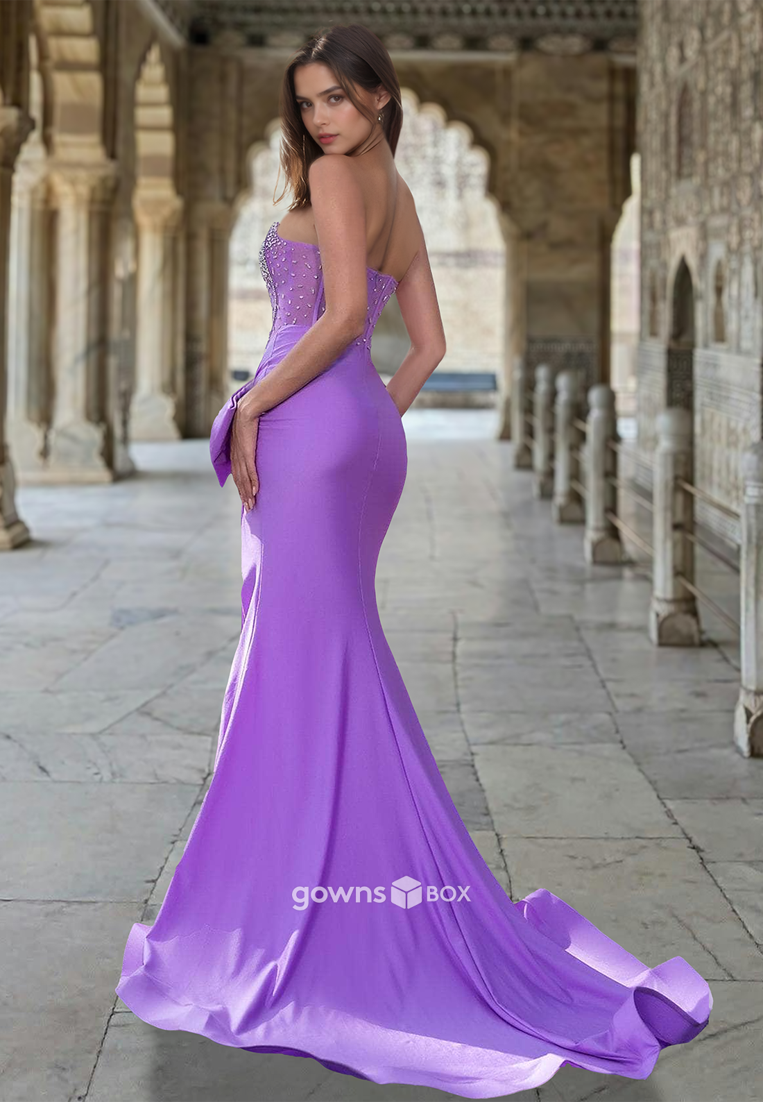Purplre Applique Beaded with Bow Strapless Formal Gown Evening Dress-GownsBox