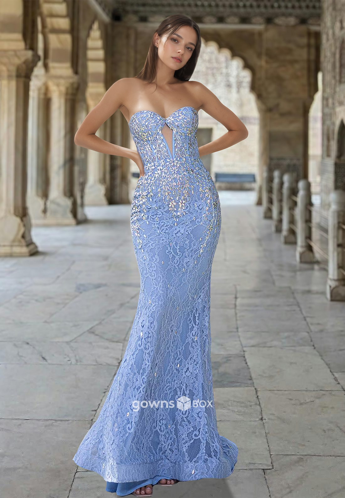 Blue Applique Sleeveless Floor-Length Sheath Formal Gown Evening Dress-GownsBox