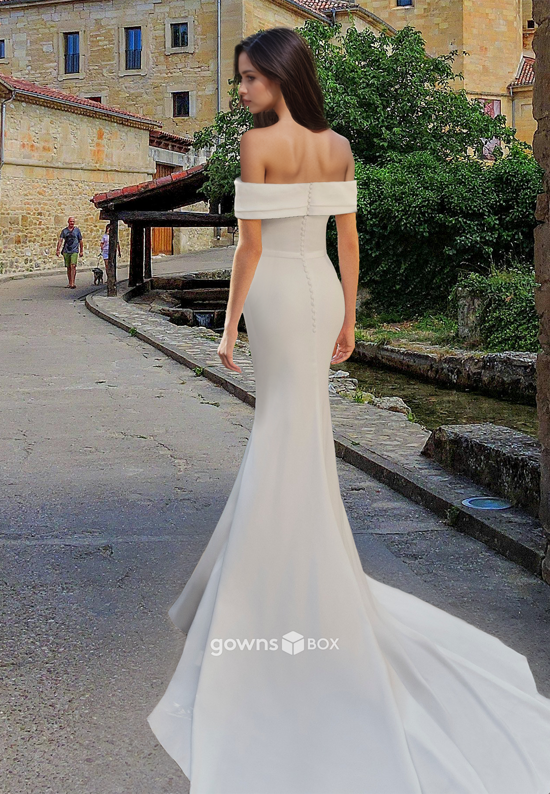 Satin Off-Shoulder V-Neck Fitted Mermaid with Train Simple Wedding Dress-GownsBox