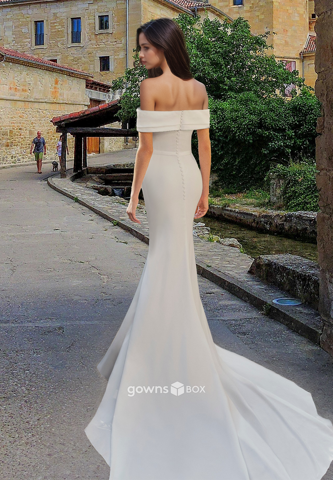 Off-Shoulder Ruched Mermaid with Train Satin Wedding Dress GOWNSBOX-GownsBox