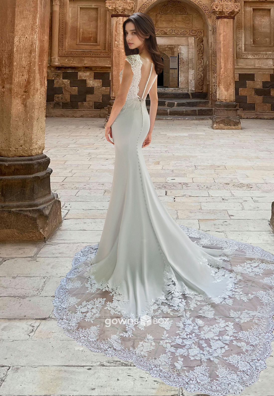 Chic Lace Applique Satin Mermaid V-Neck Wedding Dress Bride Gown-GownsBox