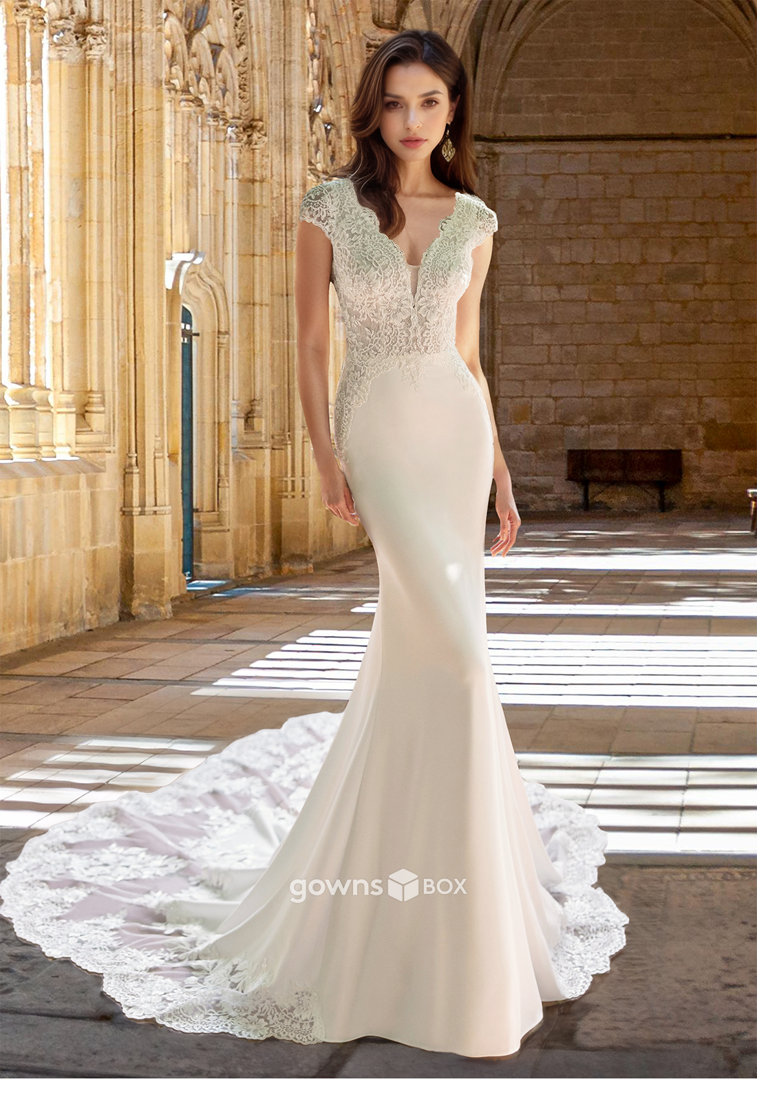 Chic Lace Applique Satin Mermaid V-Neck Wedding Dress Bride Gown-GownsBox