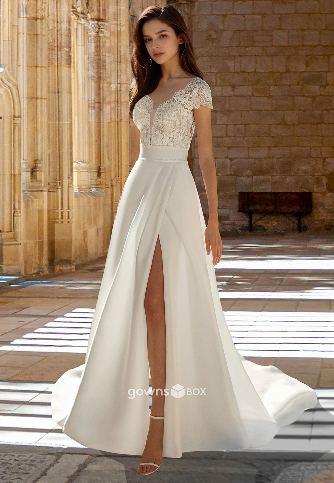 Sexy Applique A-Line Short Sleeves Floor-Length Wedding Dress Bridial Gown-GownsBox