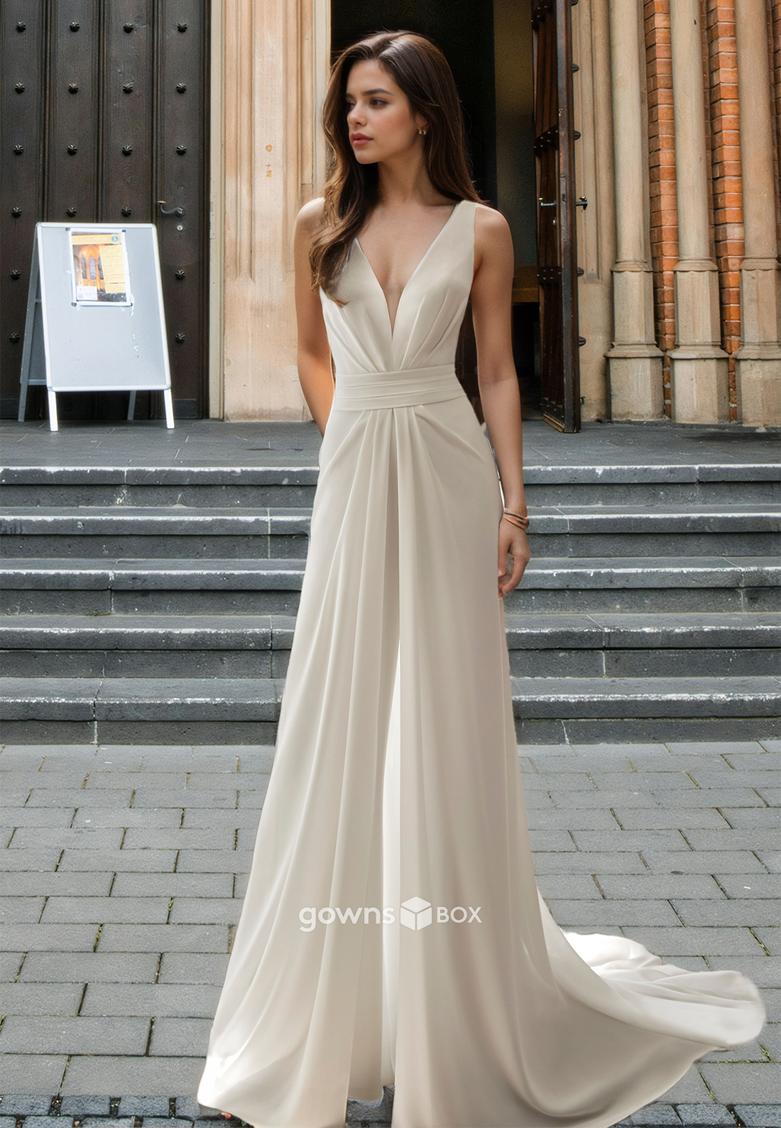 V-Neck A-Line Simple Ruched Engagement Wedding Dress 2025-GownsBox
