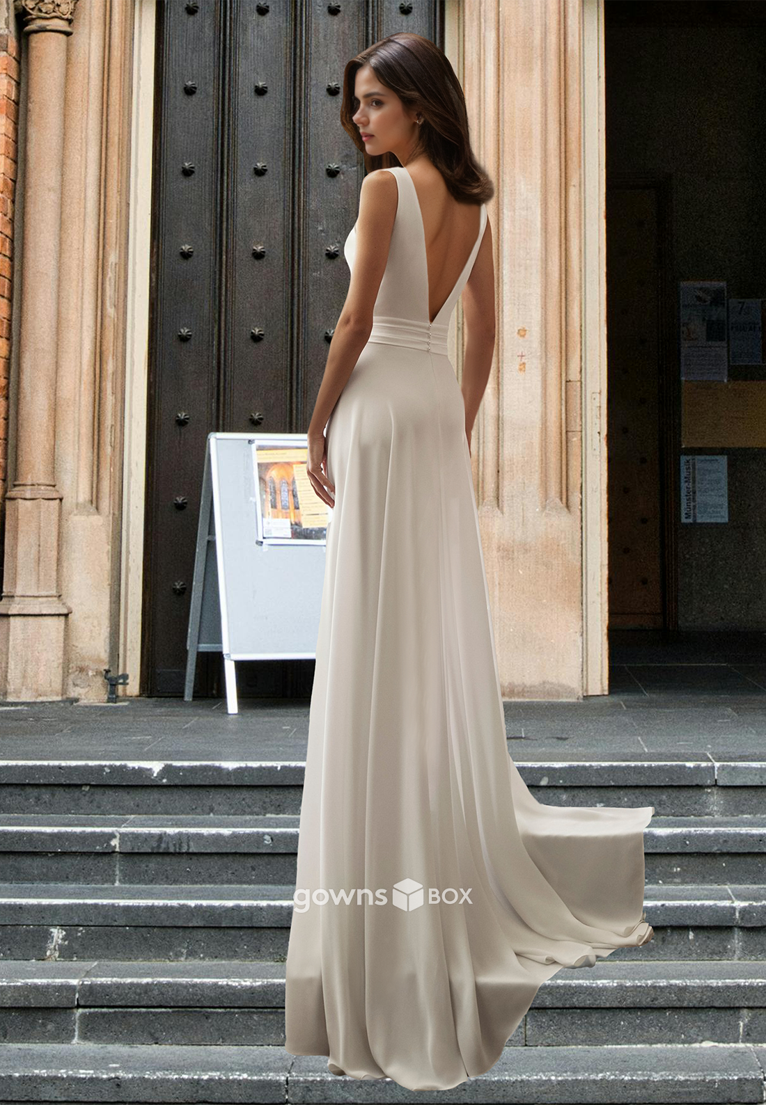 V-Neck A-Line Simple Ruched Engagement Wedding Dress 2025-GownsBox