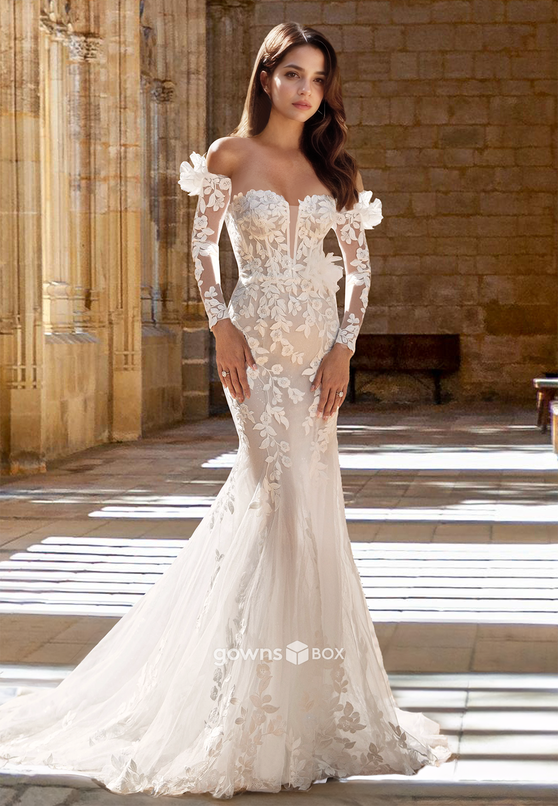 Sexy Trumpet Floral Applique Tulle Long Sleeves Wedding Dress 2025-GownsBox