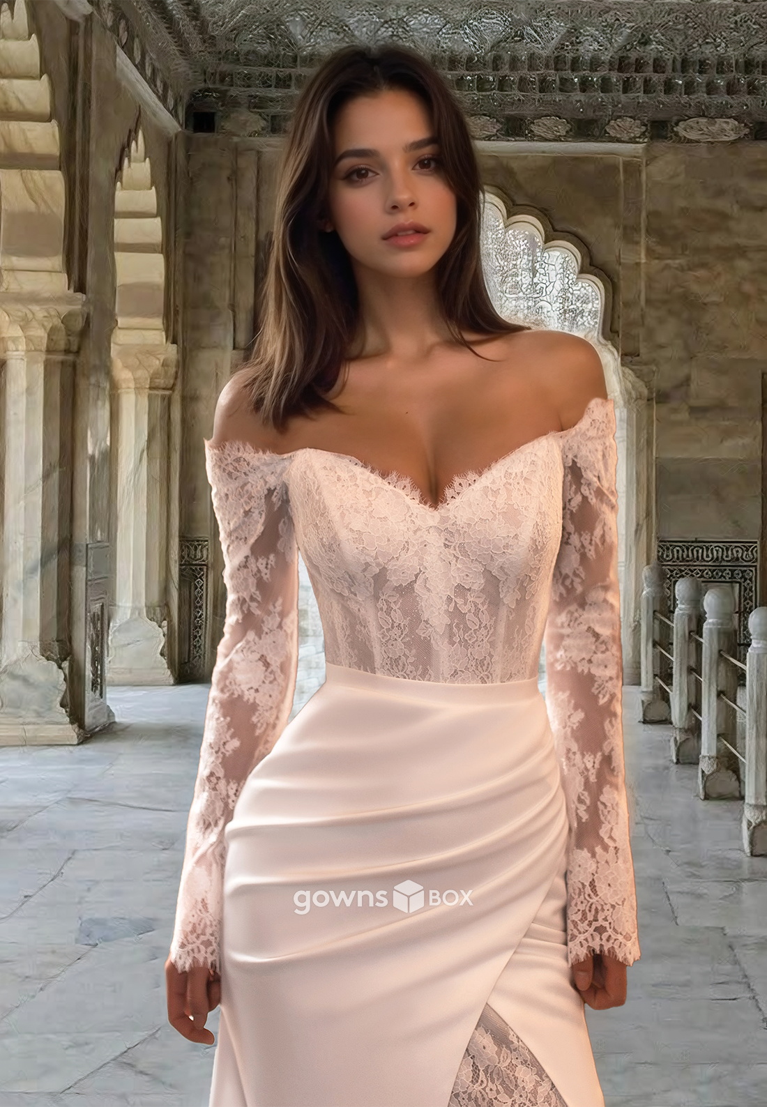 Sexy Short Lace Applique Wedding Dress with Satin Train Bride Gown 2025-GownsBox