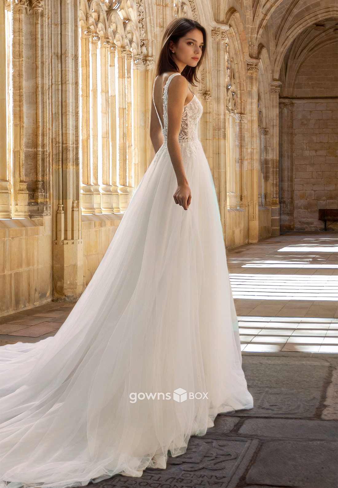 Sexy V-Neck Sleeveless A-Line Tulle Wedding Dress Gown 2025-GownsBox