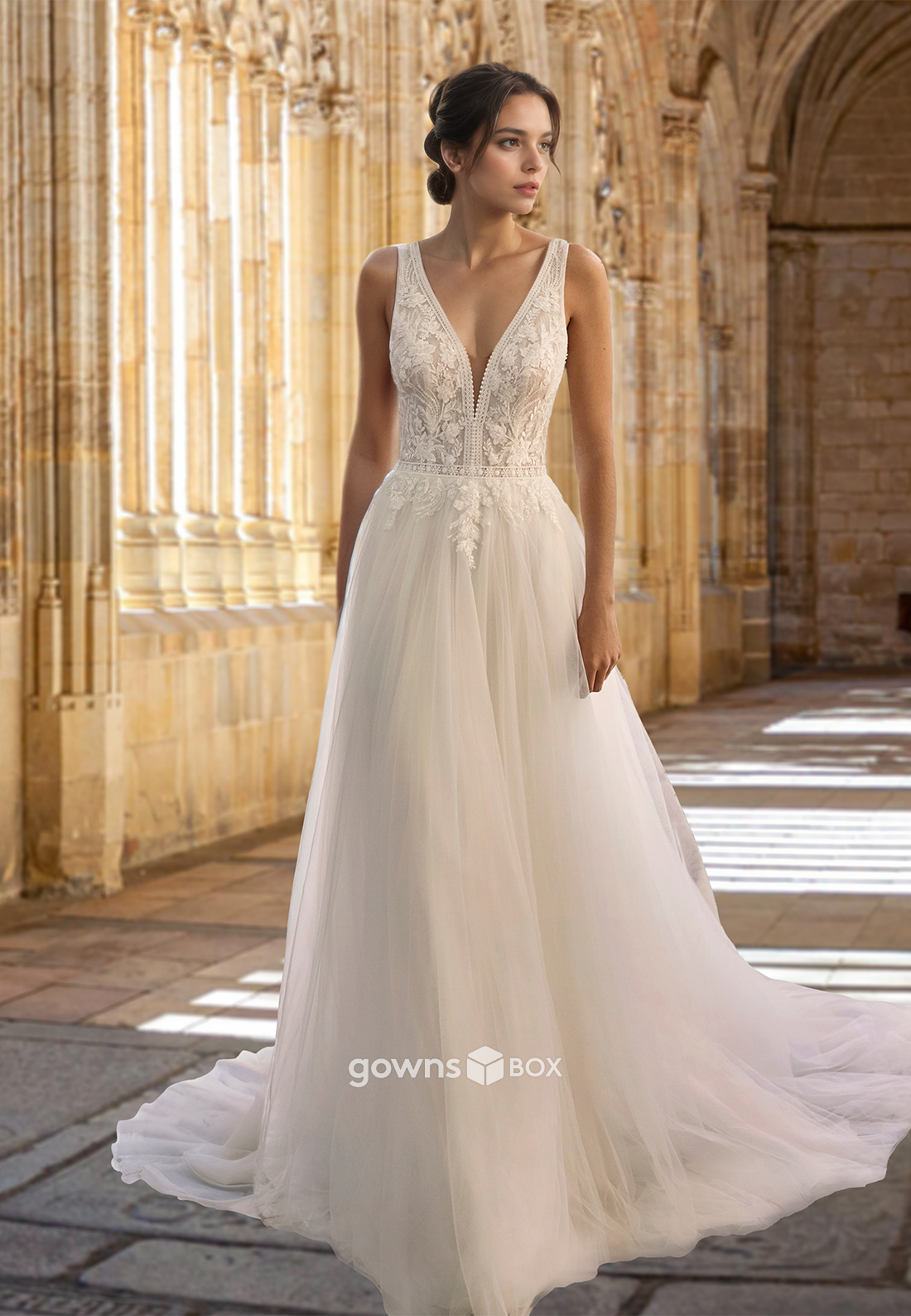 Sexy V-Neck Sleeveless A-Line Tulle Wedding Dress Gown 2025-GownsBox