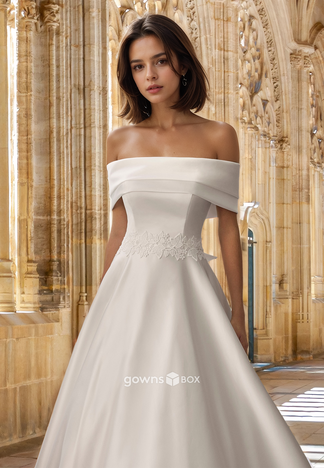 Elegant Satin Applique A-Line Off-Shoulder with train Wedding Dress New-GownsBox