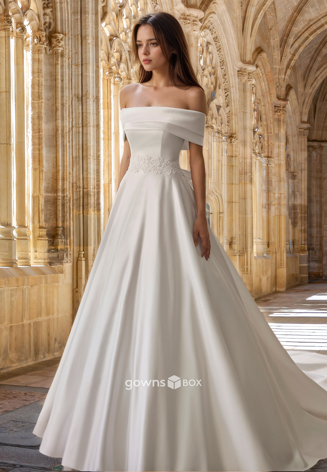 Elegant Satin Applique A-Line Off-Shoulder with train Wedding Dress New-GownsBox