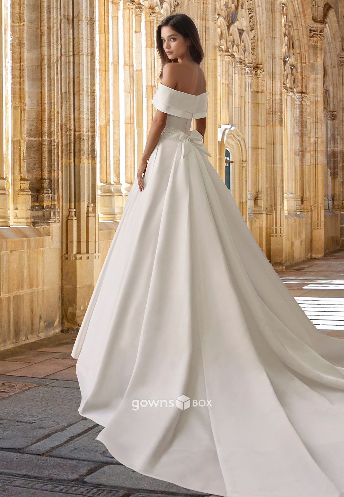 Elegant Satin Applique A-Line Off-Shoulder with train Wedding Dress New-GownsBox