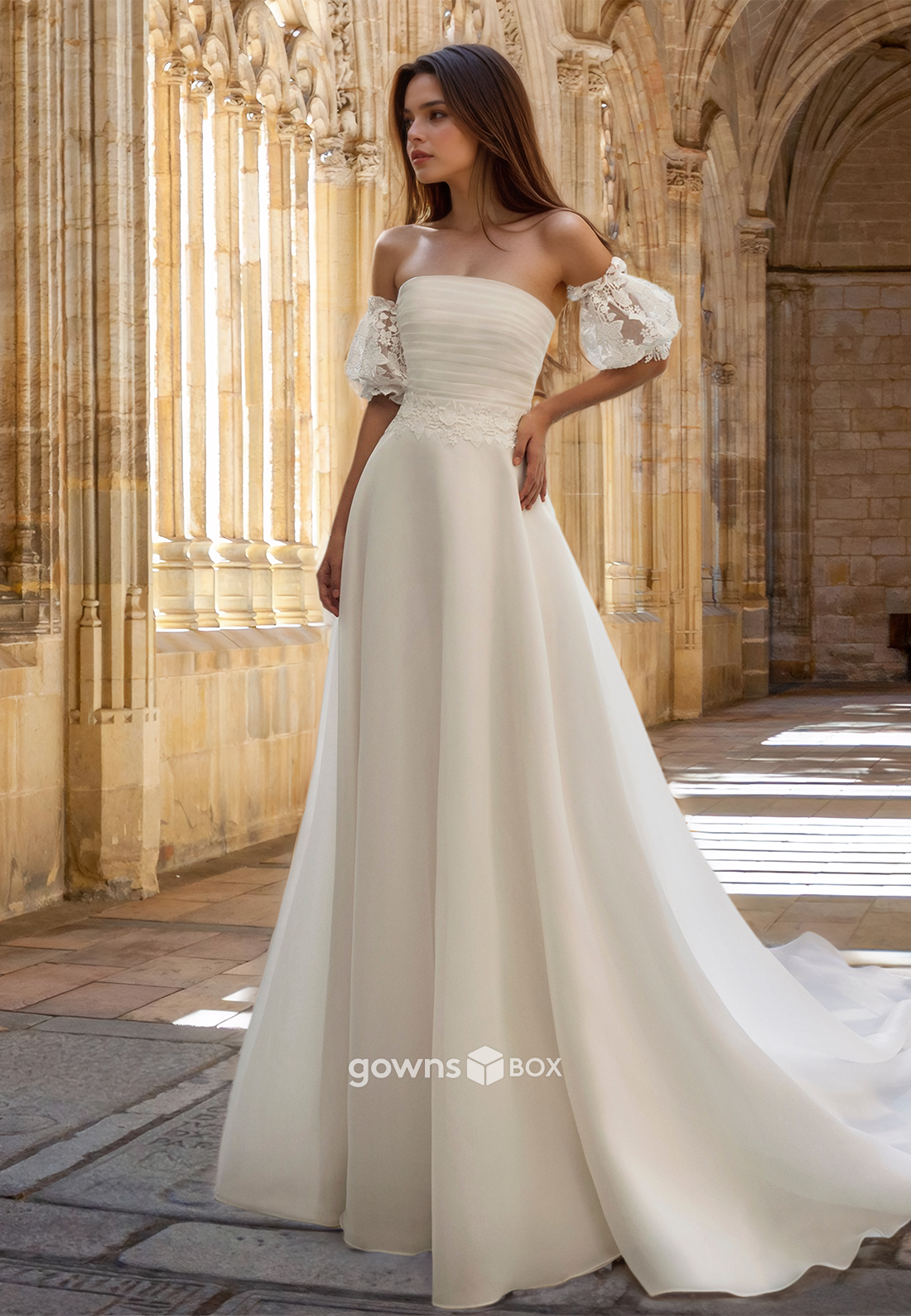 Elegant Strapless A-Line with Train Wedding Dress Bride Gown 2025-GownsBox