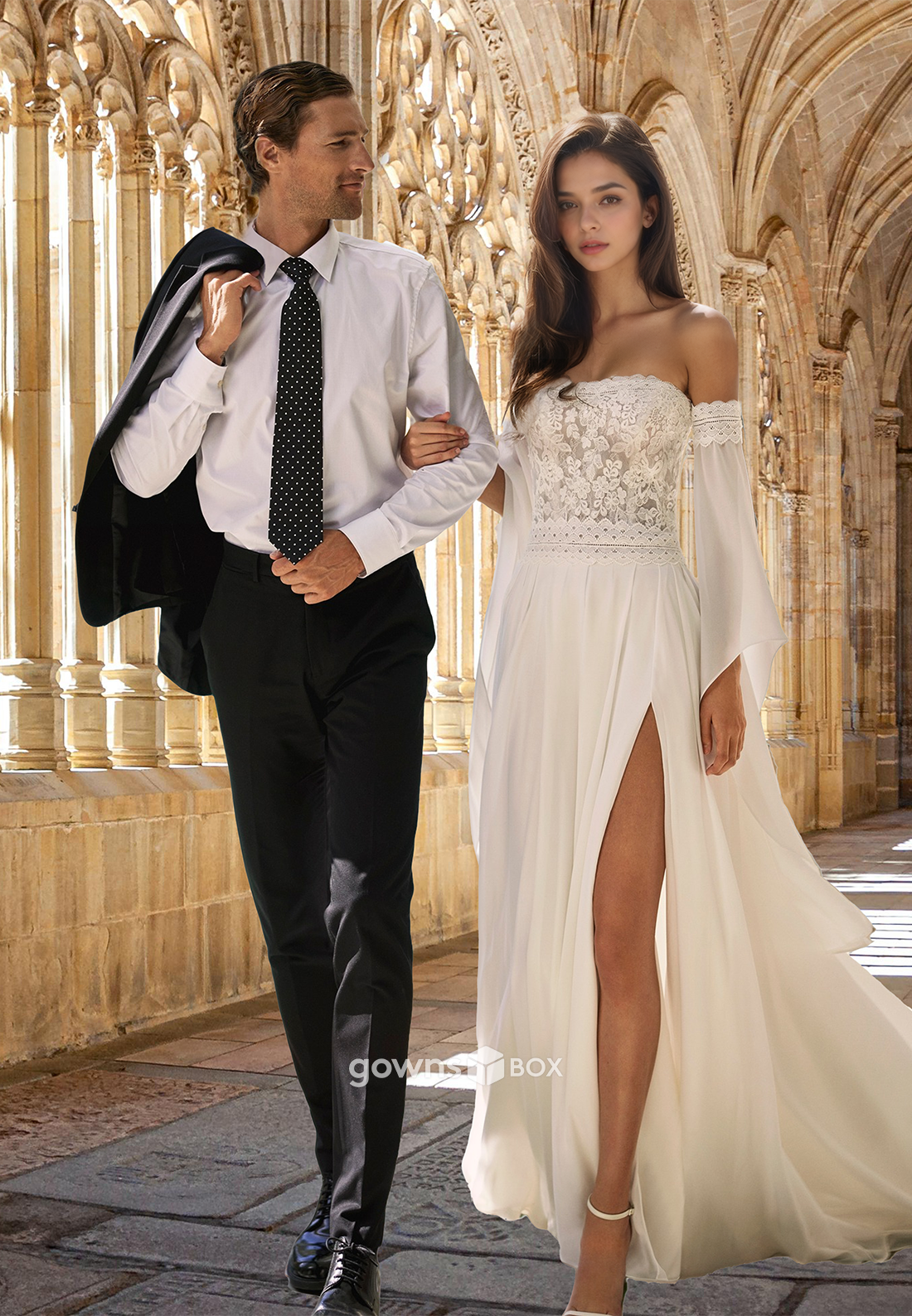 Long Sleeves with Side Slit A-Line Tulle Wedding Dress Gown 2025-GownsBox