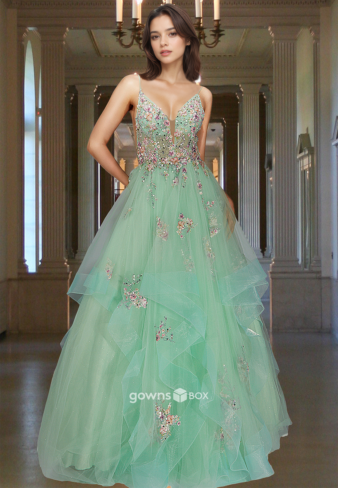 Green Spaghetti Straps Floral Tulle A-Line Evening Dress Prom Ball Gown-GownsBox