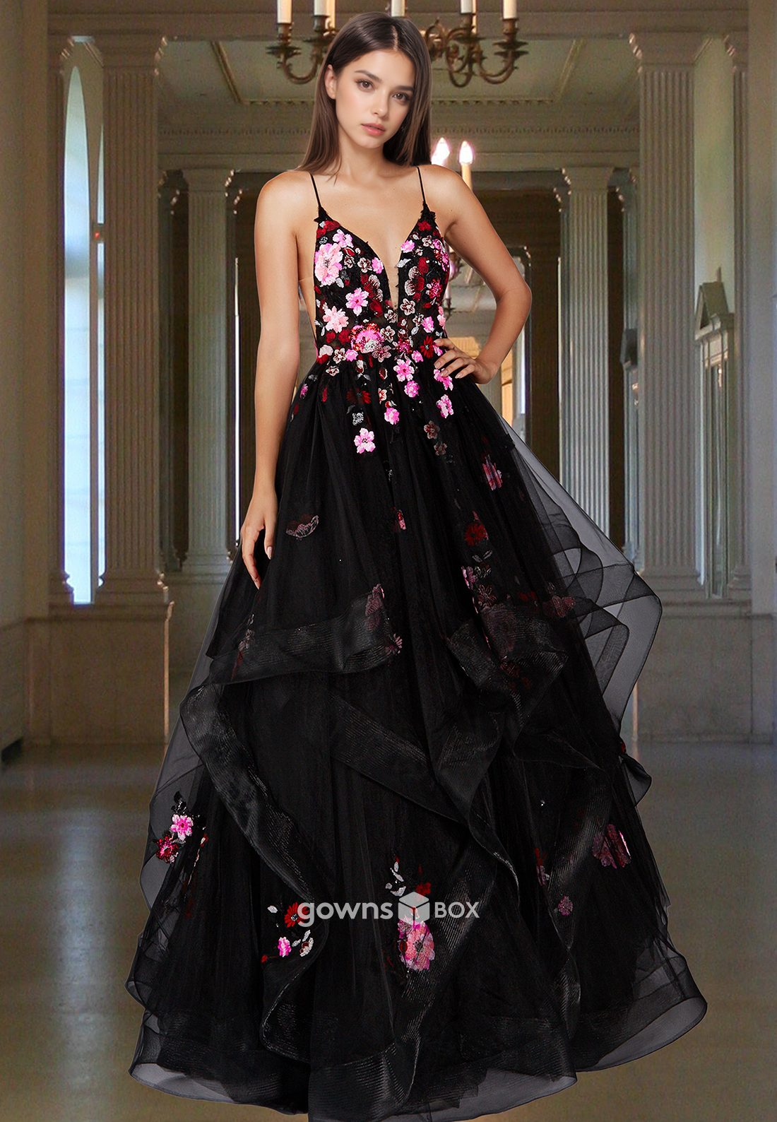 Black Floral Spaghetti Straps Applique Tulle Evening Dress Prom Ball Gown-GownsBox