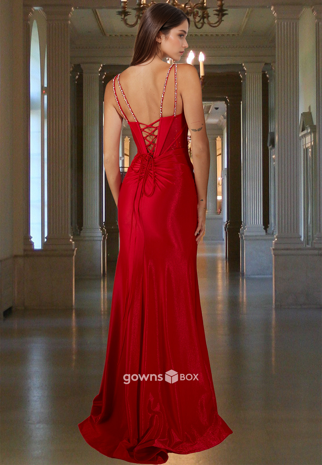 Chic Red Spaghetti Straps Trumpet Beaded Sexy Formal Party Evening Dress-GownsBox