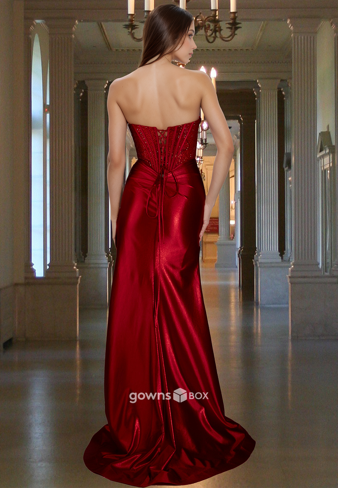 Sexy Ruched Strapless Red with Slit Sheath Formal Party Evening Dress-GownsBox