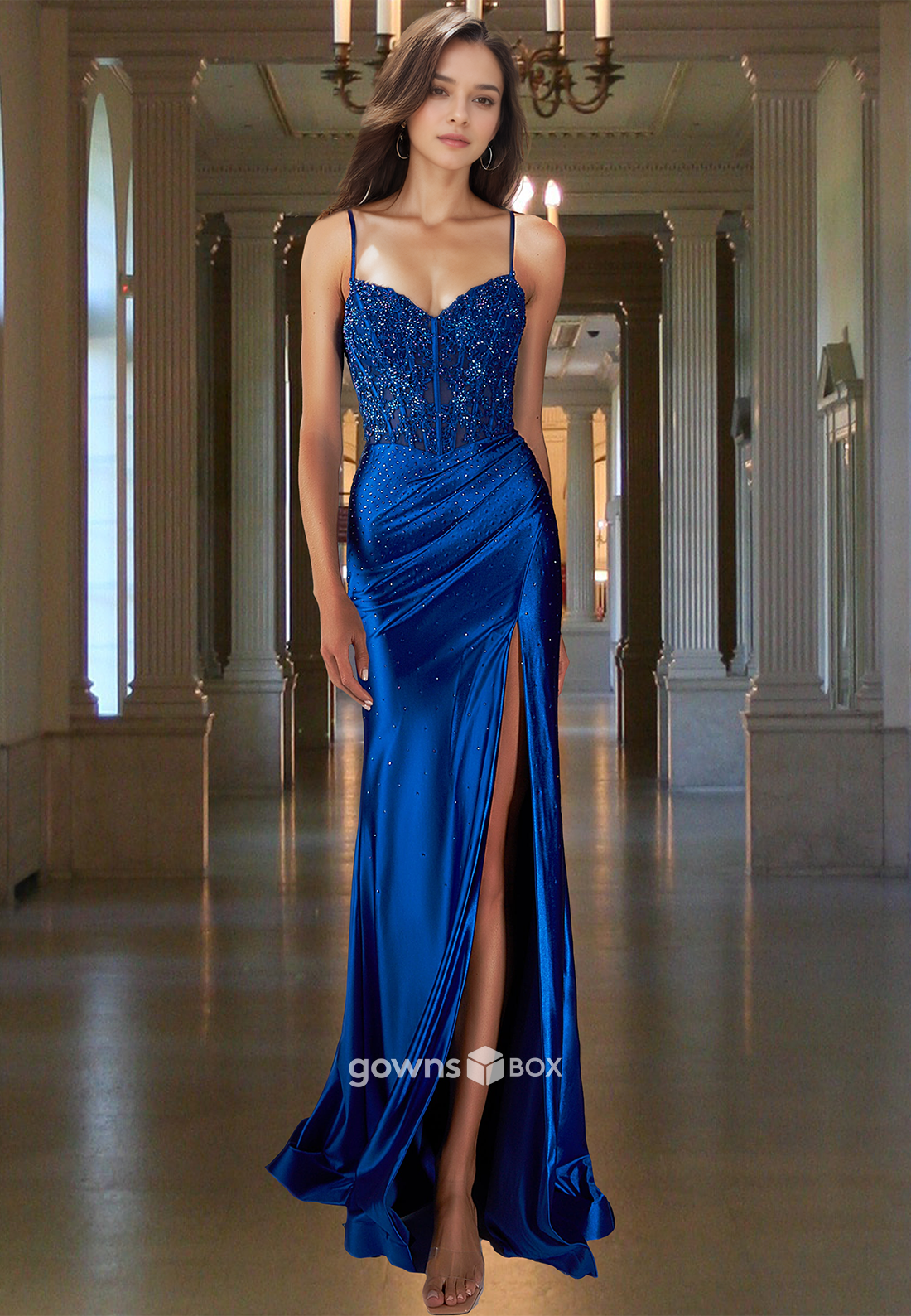 Blue Applique Spaghetti Straps with Slit Satin Sheath Formal Party Evening Dress-GownsBox
