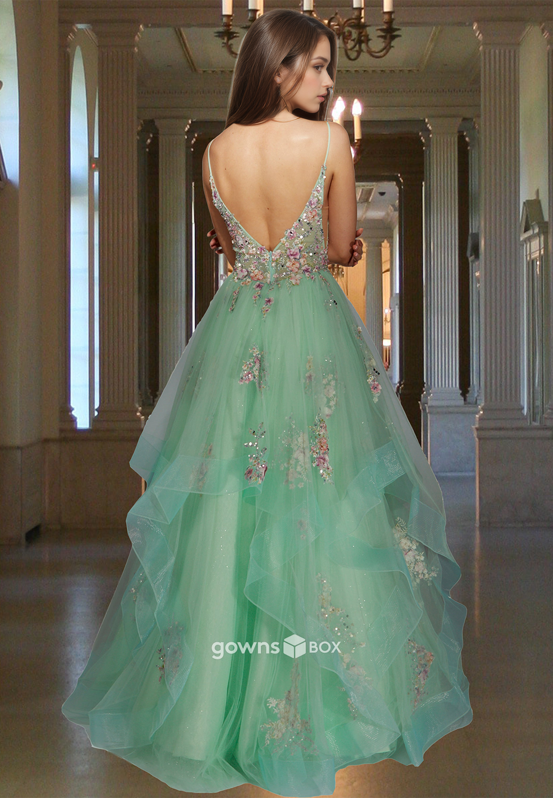 Green Spaghetti Straps Floral Tulle A-Line Evening Dress Prom Ball Gown-GownsBox