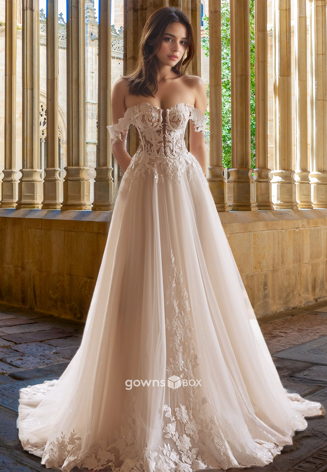 Off-Shoulder A-Line Wedding Dress Applique Tulle Bride Gown 2025-GownsBox