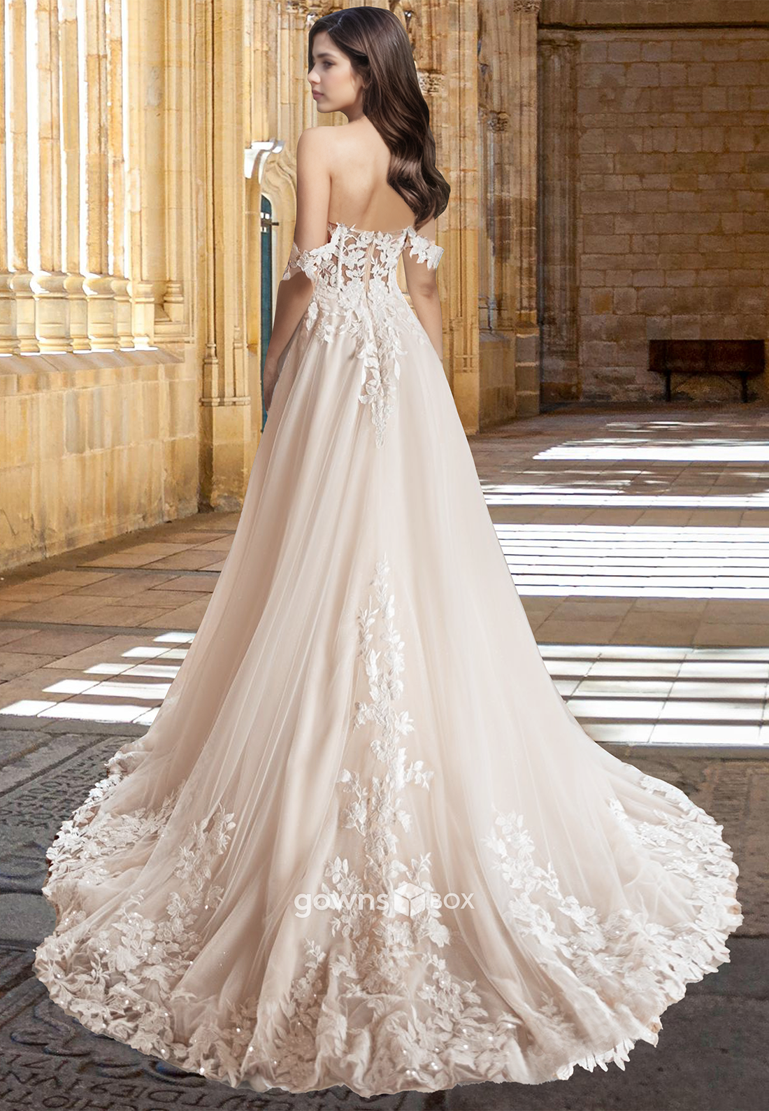 Off-Shoulder A-Line Wedding Dress Applique Tulle Bride Gown 2025-GownsBox