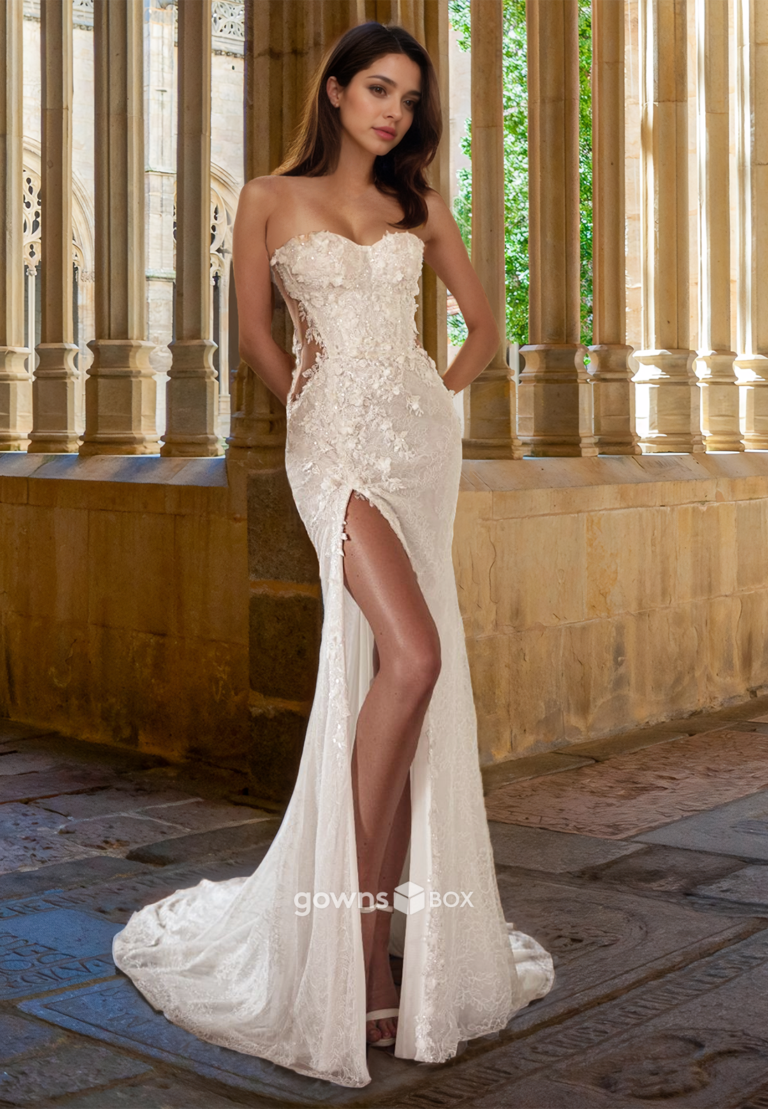 Sexy Lace Applique Strapless with Slit  Fitted Empire Wedding Dress 2025-GownsBox