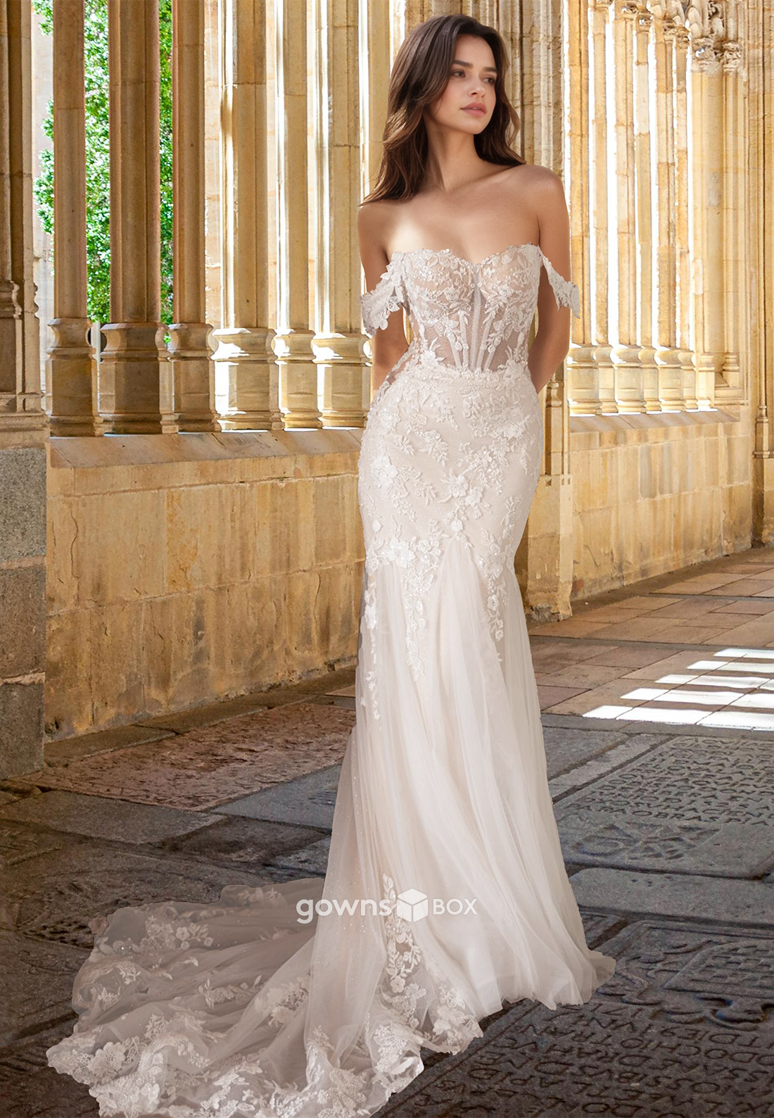 2025 New Off-Shoulder with Train Lace Applique Tulle Wedding Dress-GownsBox