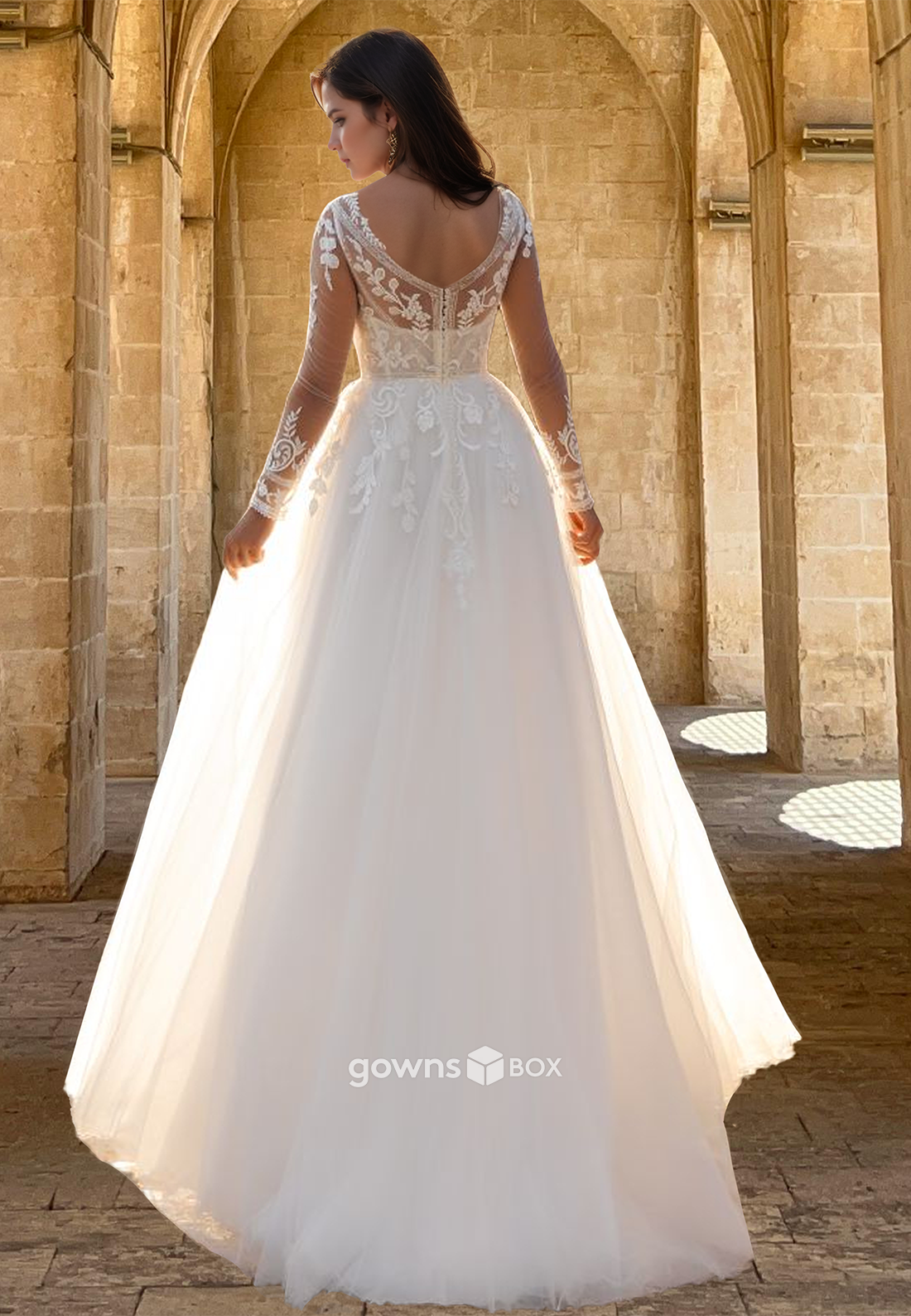 Applique Long Tulle Wedding Dress V-Neck A-Line Sleeves Bridal Gown-GownsBox
