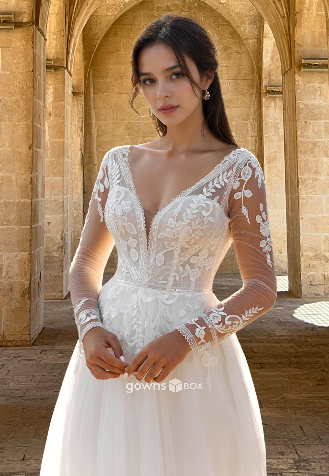 Applique Long Tulle Wedding Dress V-Neck A-Line Sleeves Bridal Gown-GownsBox