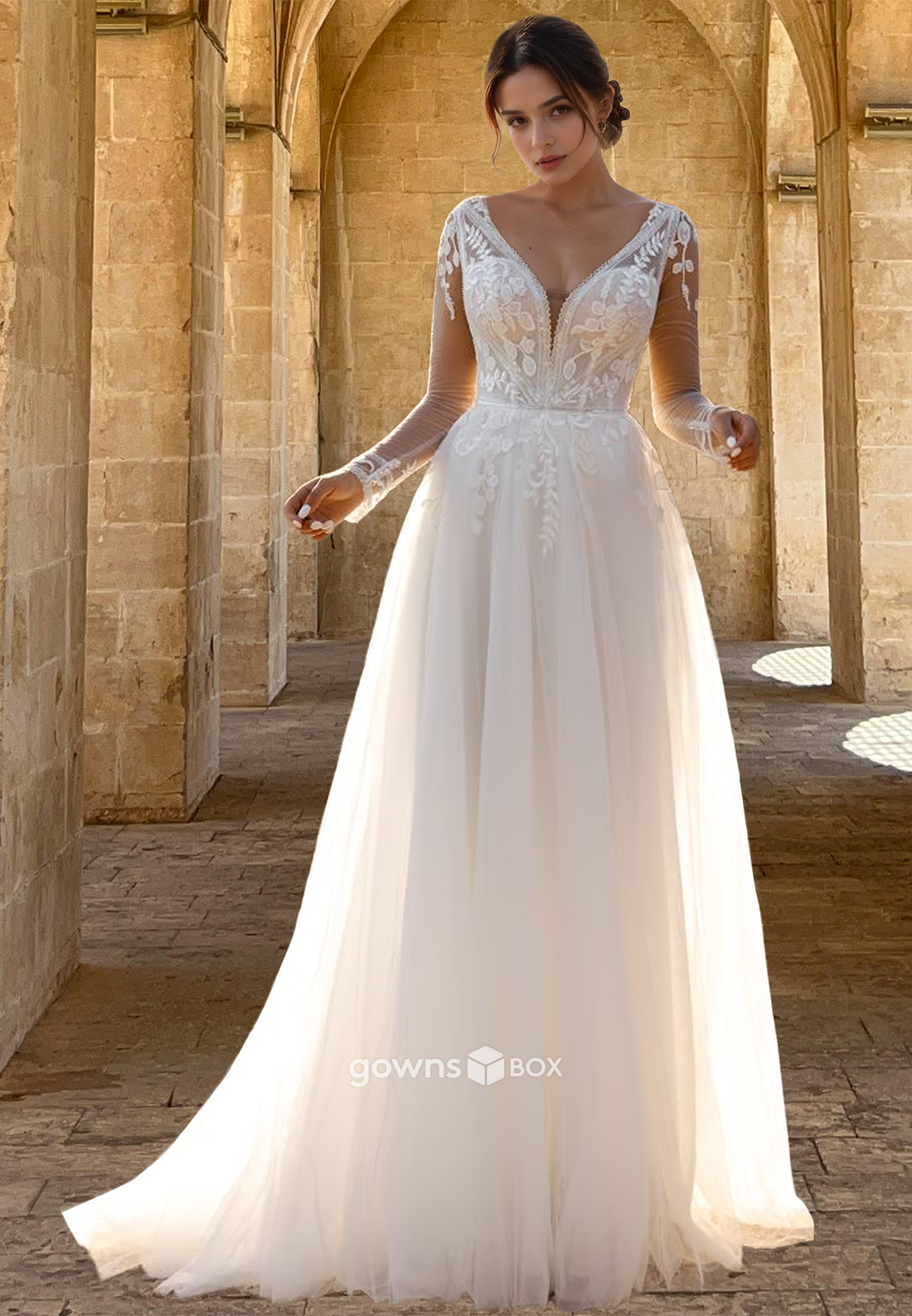 Applique Long Tulle Wedding Dress V-Neck A-Line Sleeves Bridal Gown-GownsBox