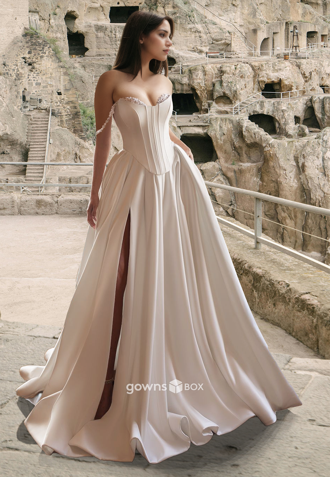 Chic A-Line Off-Shoulder Sraps with Slit Satin Wedding Dress 2025-GownsBox