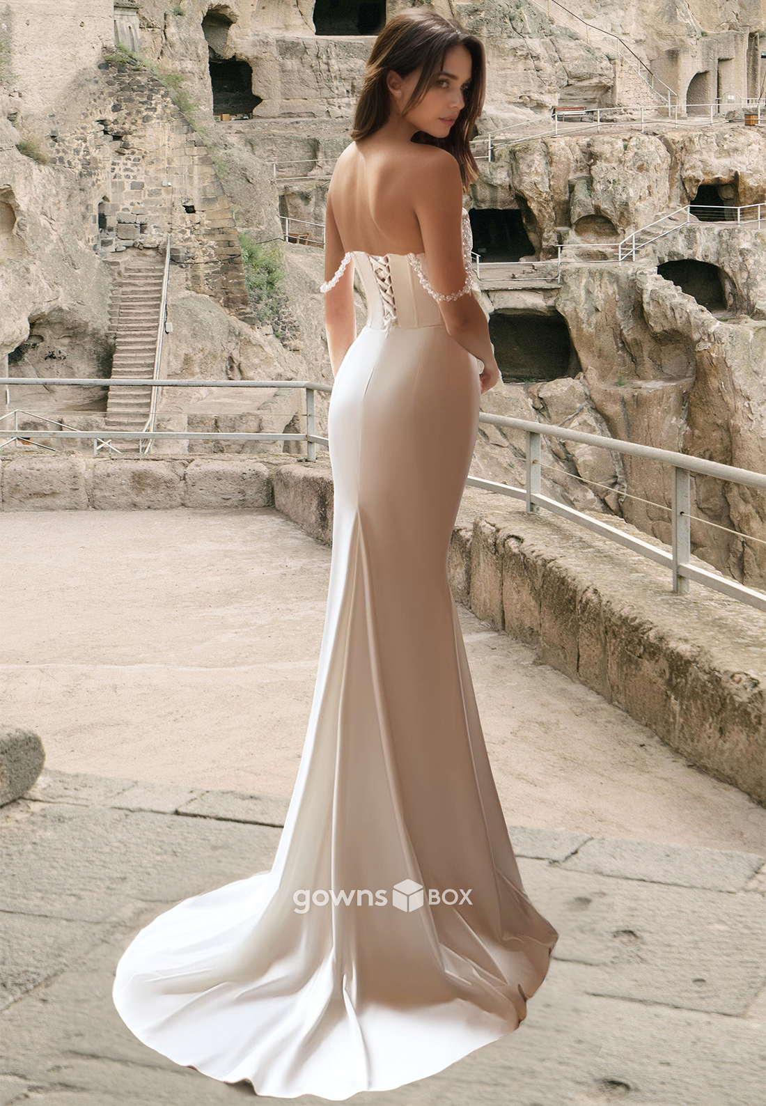 Chic A-Line Off-Shoulder Sraps with Slit Satin Wedding Dress 2025-GownsBox