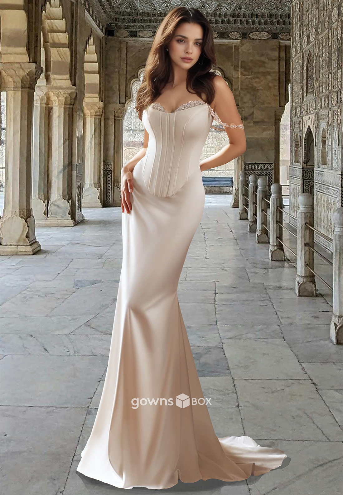 Chic A-Line Off-Shoulder Sraps with Slit Satin Wedding Dress 2025-GownsBox