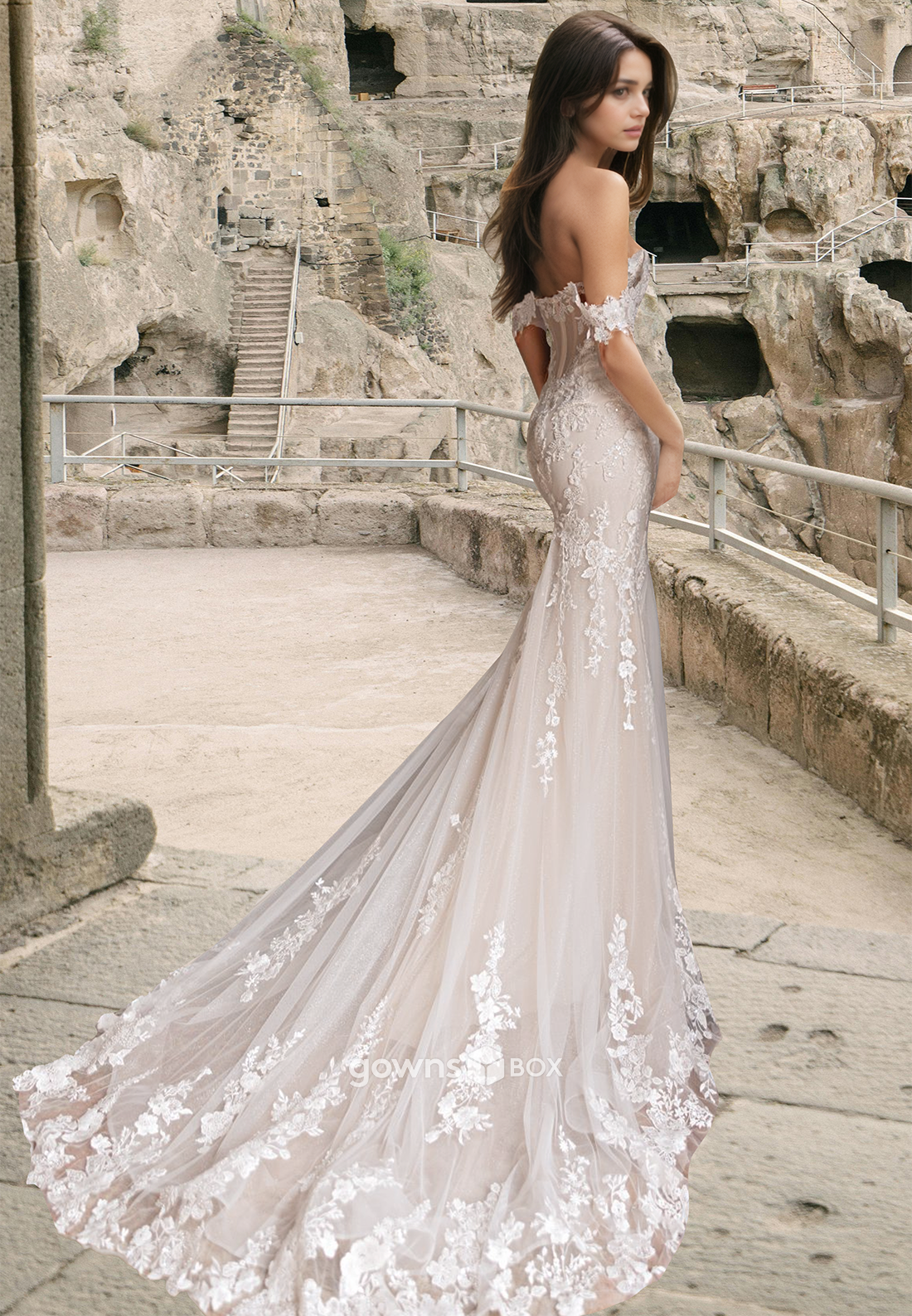 2025 New Off-Shoulder with Train Lace Applique Tulle Wedding Dress-GownsBox