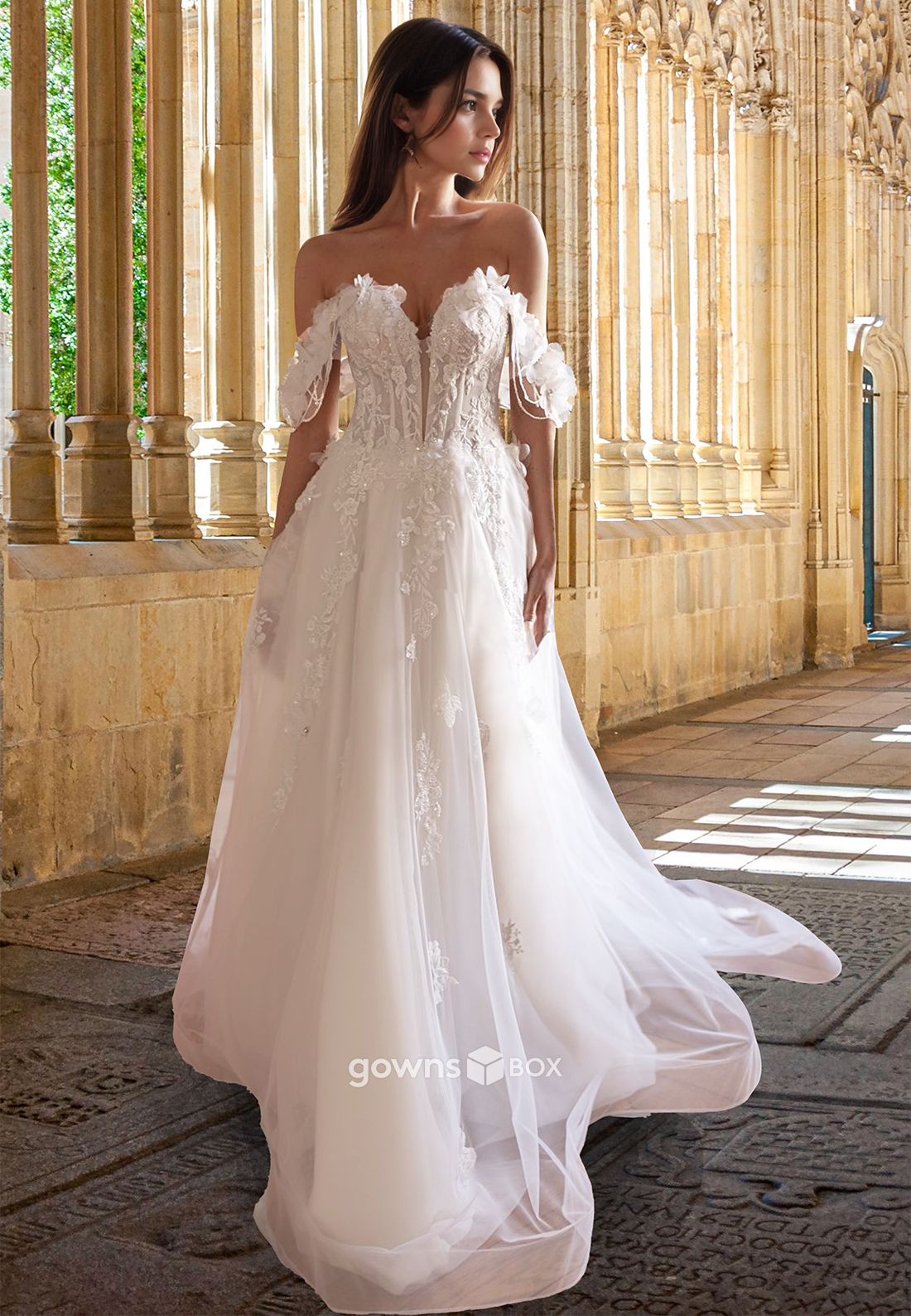 Off-Shoulder A-Line with Train Bride Gown Floral Tulle Wedding Dress 2025-GownsBox