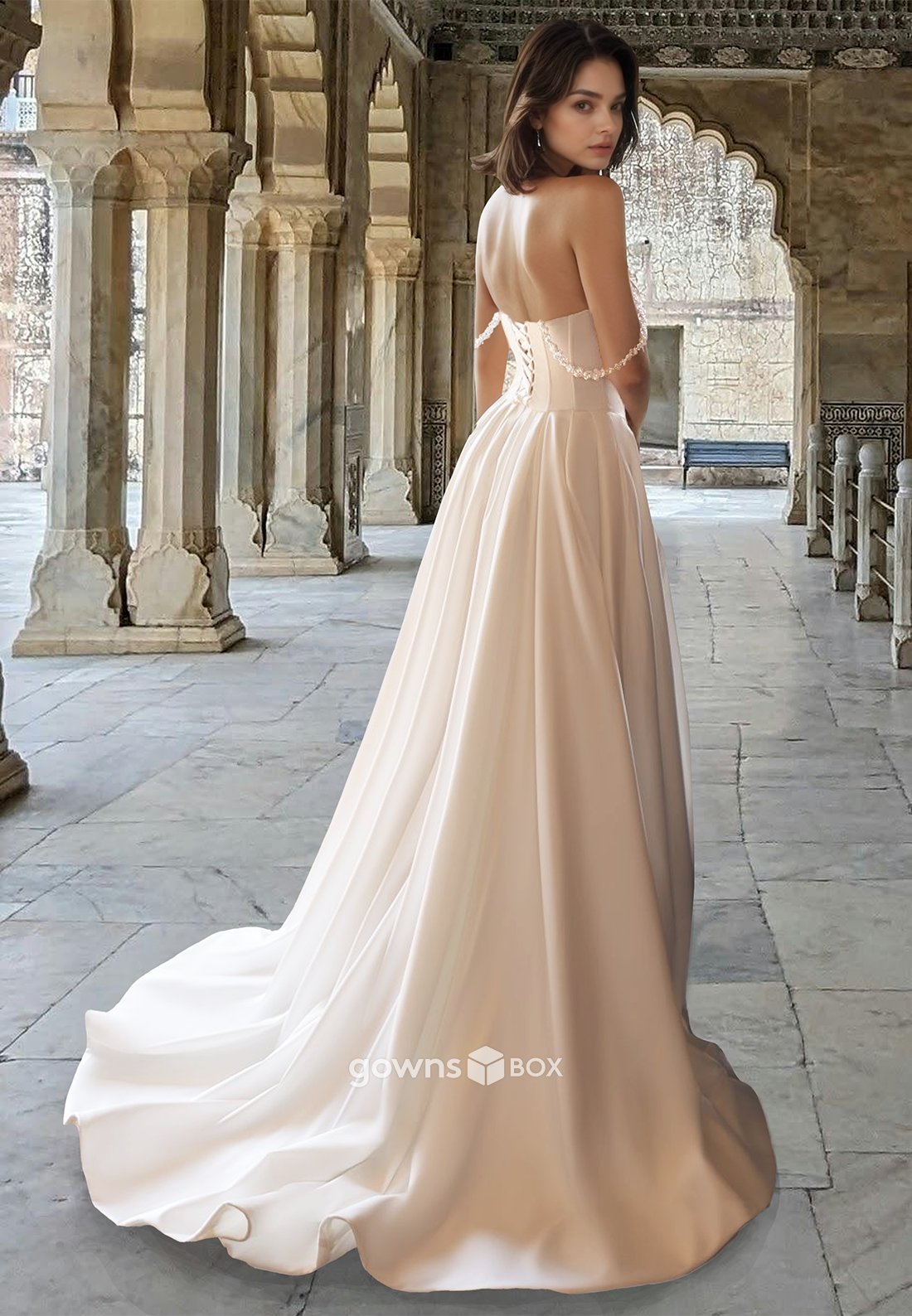 Chic A-Line Off-Shoulder Sraps with Slit Satin Wedding Dress 2025-GownsBox