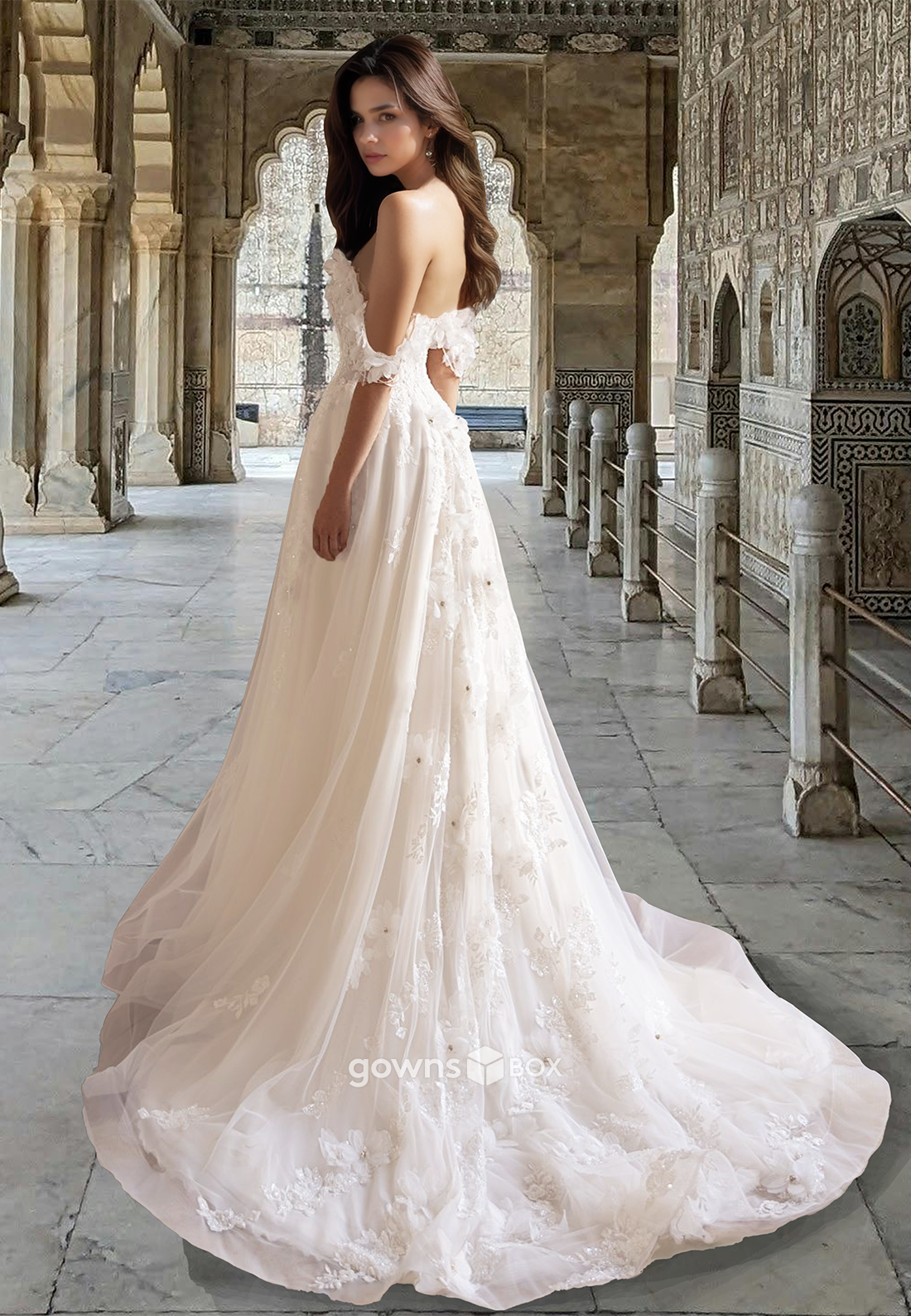 Off-Shoulder A-Line with Train Bride Gown Floral Tulle Wedding Dress 2025-GownsBox