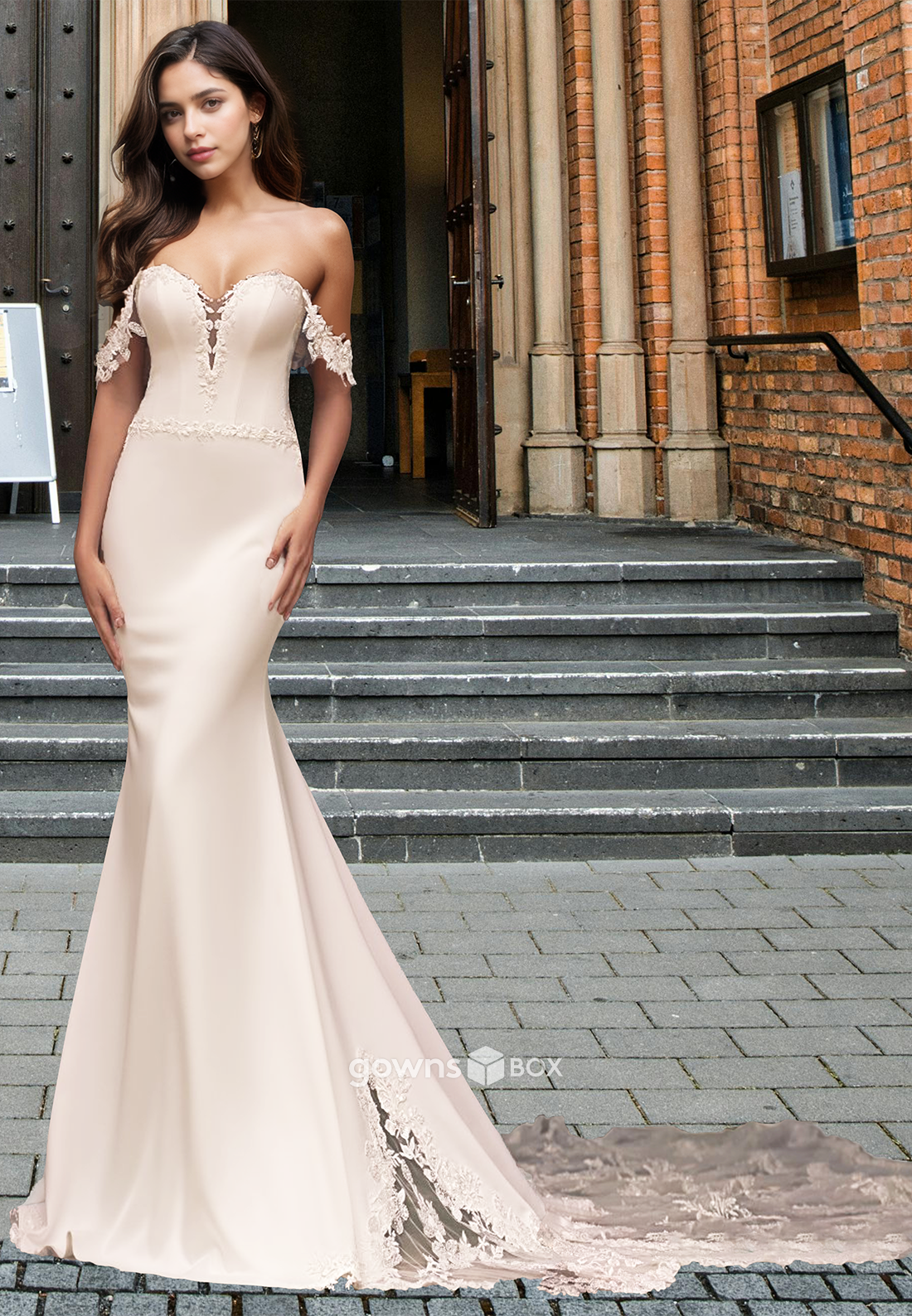 Trumpet Satin with Train Sexy Sweetheart Applique Empire Wedding Dress-GownsBox