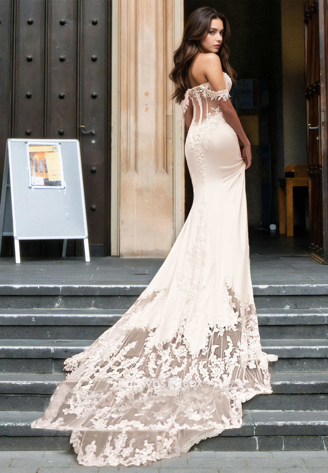 Trumpet Satin with Train Sexy Sweetheart Applique Empire Wedding Dress-GownsBox