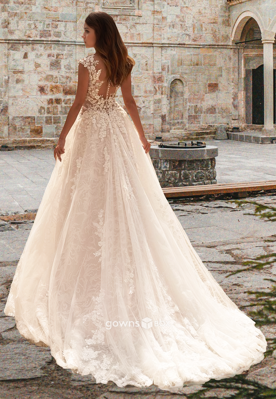 Spaghetti Straps Lace Applique A-Line Tulle Wedding Dress 2025-GownsBox