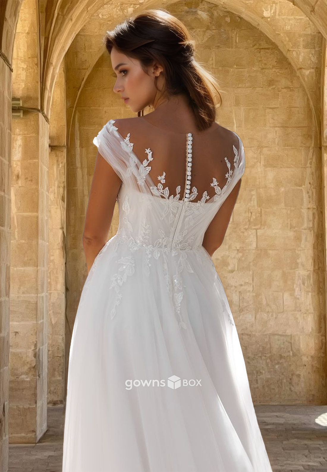 Classic Off-Shoulder Applique A-Line Tulle Wedding Dress Bridal Gown-GownsBox
