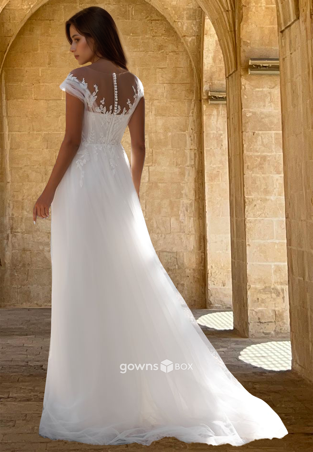 Classic Off-Shoulder Applique A-Line Tulle Wedding Dress Bridal Gown-GownsBox