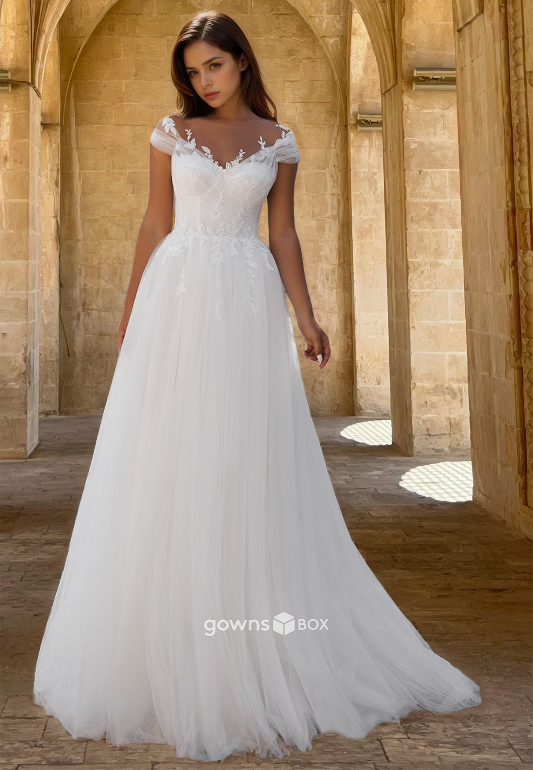 Classic Off-Shoulder Applique A-Line Tulle Wedding Dress Bridal Gown-GownsBox
