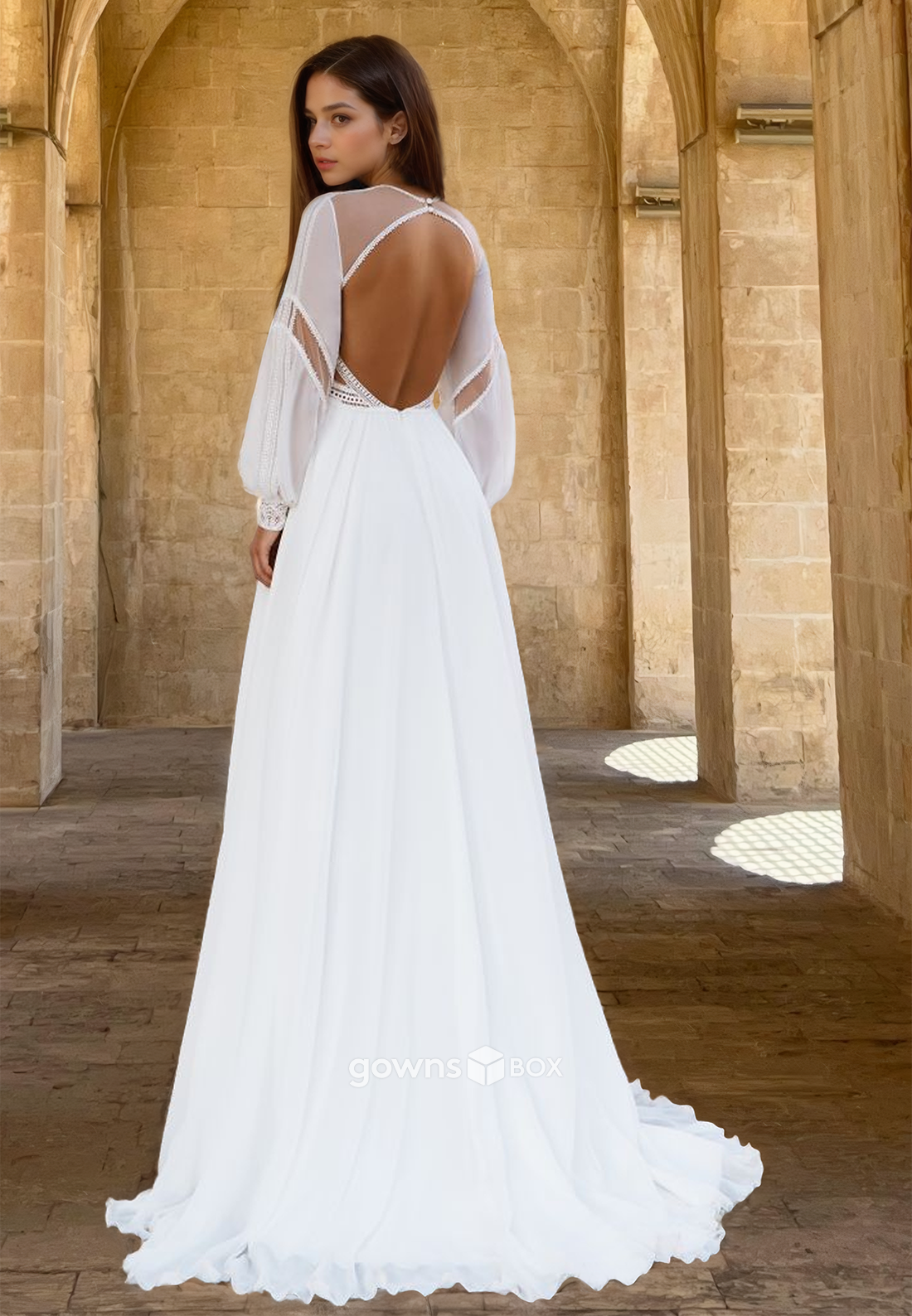 Chic Long Sleeves Backless Sexy A-Line Long Tulle Wedding Dress-GownsBox