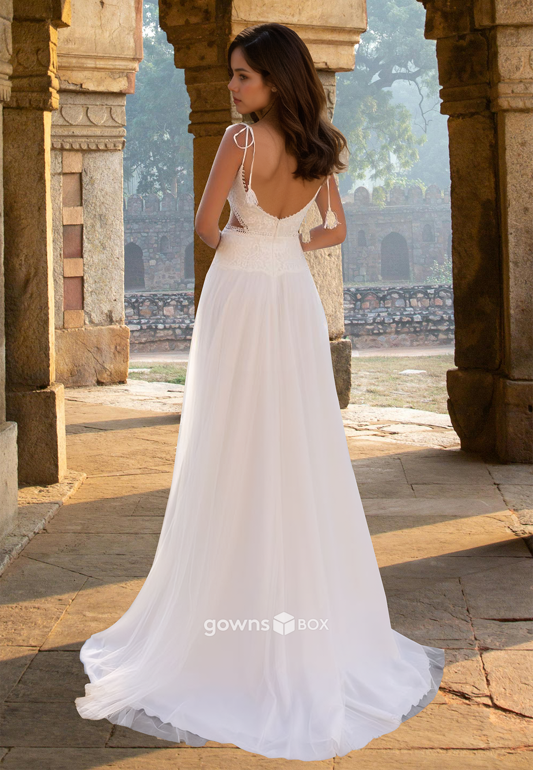 Sexy A-Line with Slit V-Neck Tulle Beach Wedding Dress Bridal Gown-GownsBox