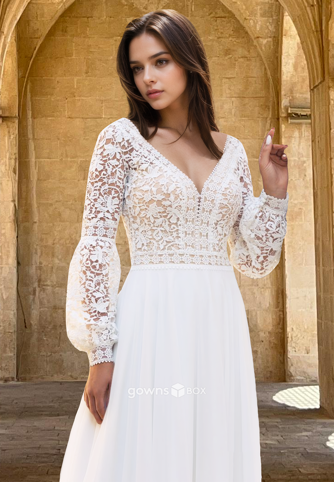 Chic Lace Applique Long Sleeves A-Line Tulle Wedding Dress Bridal Gown-GownsBox