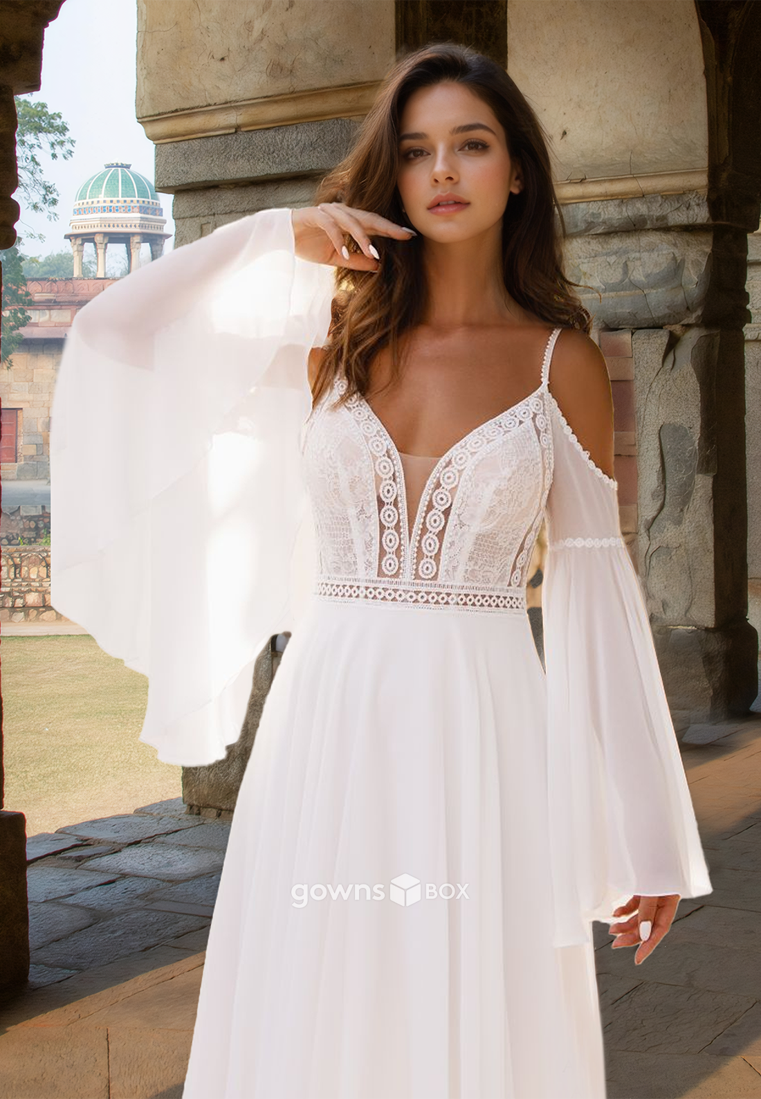 Chic Spaghetti Straps Applique A-Line Tulle Beach Wedding Dress 2025-GownsBox