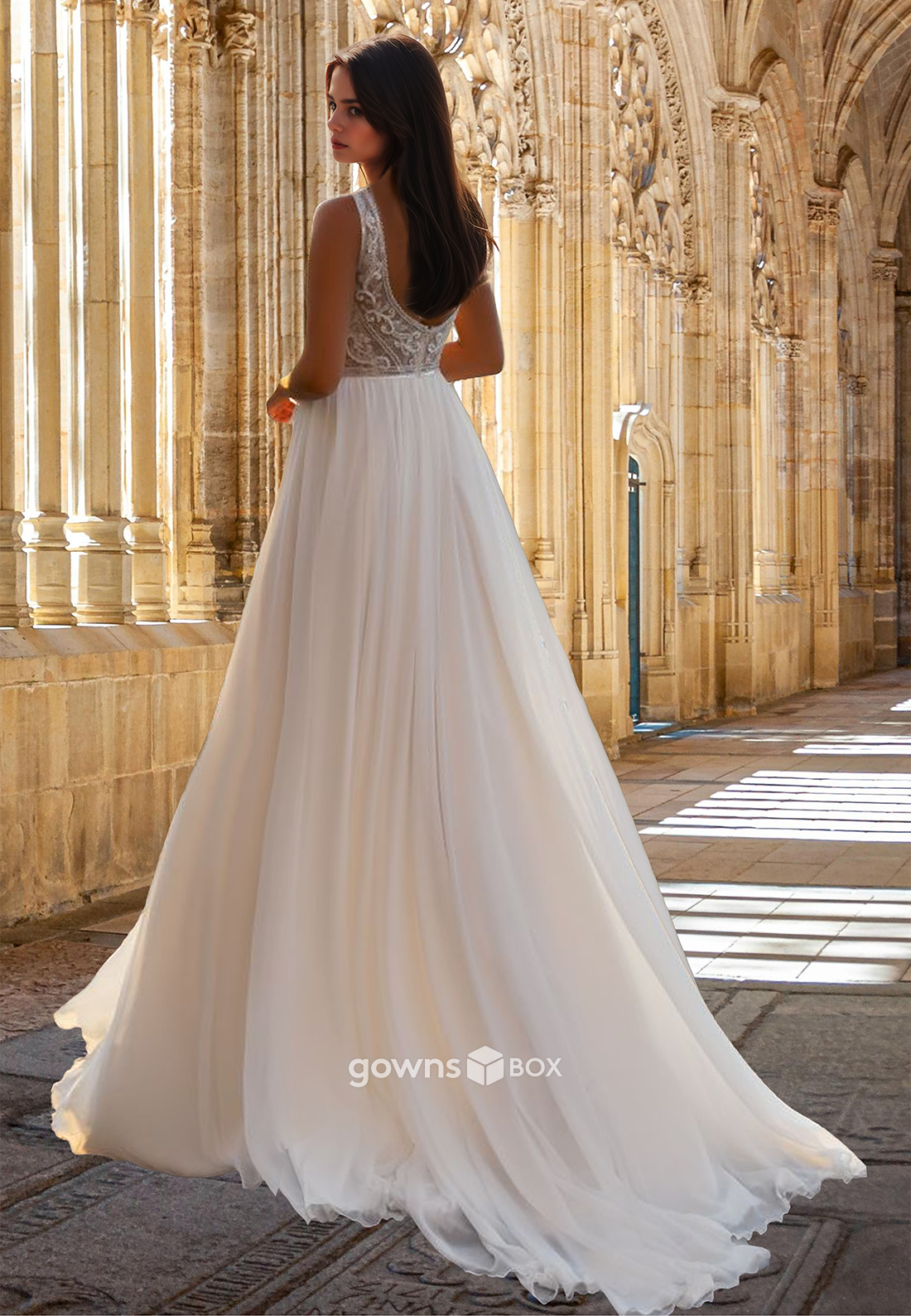 Sexy V-Neck Sheer Sleeveless Tulle A-line Beach Wedding Dress 2025-GownsBox