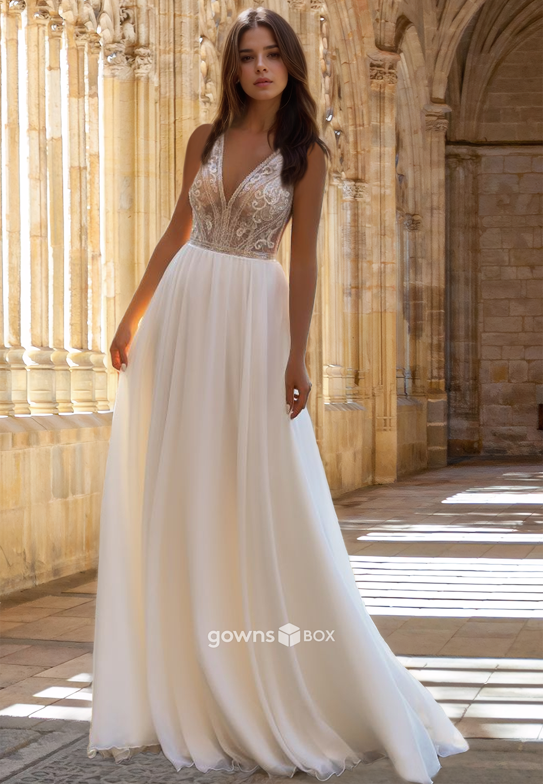 Sexy V-Neck Sheer Sleeveless Tulle A-line Beach Wedding Dress 2025-GownsBox